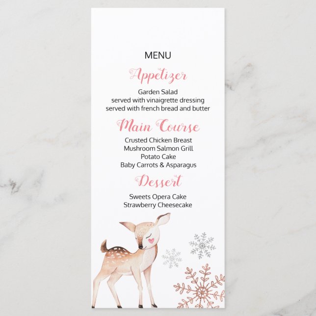 Deer Winter Snowflakes ONEderland Birthday Menu (Front)