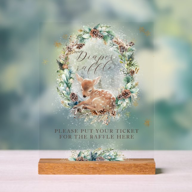 Deer Winter Woodland Baby Shower Diaper Raffle Acrylic Sign (Neutral)