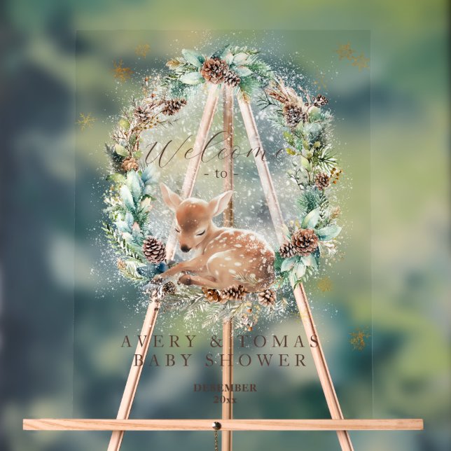 Deer Winter Woodland Cold Outside Baby Shower Acrylic Sign (Neutral)