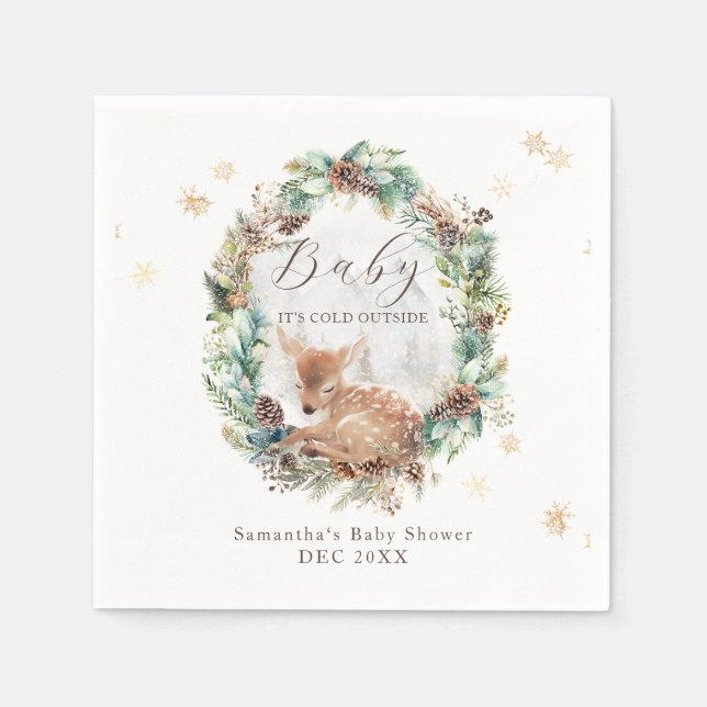 Deer Winter Woodland Cold Outside Baby Shower Napkin (Front)