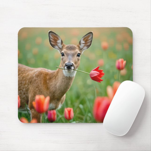 Deer With a Red Tulip Mouse Mat (With Mouse)