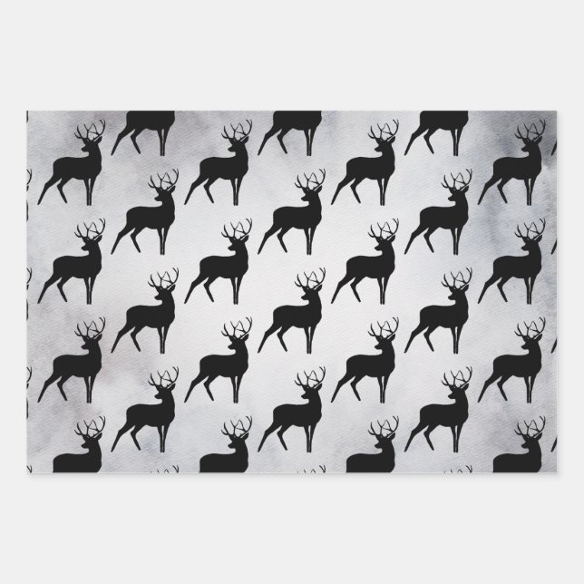 Deer with Antlers Black Silhouette Pattern Wrapping Paper Sheet (Front)