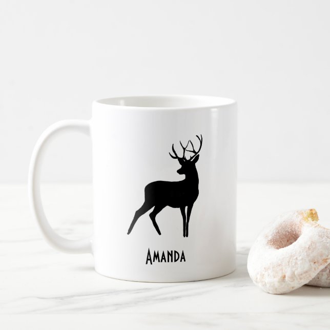 Deer with Antlers Black Silhouette Rustic Coffee Mug (With Donut)