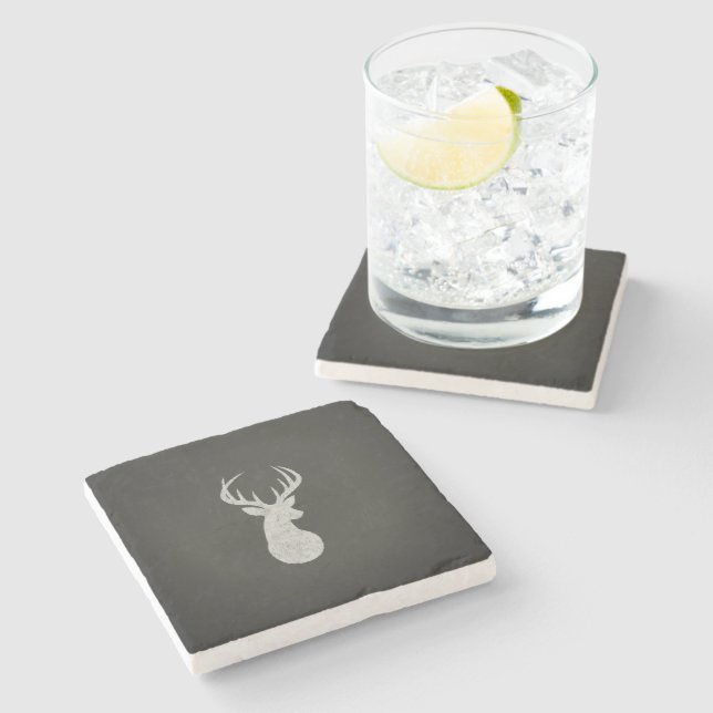 Deer With Antlers Chalk Drawing Stone Coaster (Side)