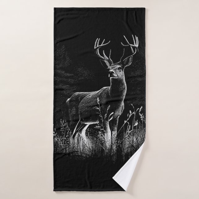 Deer with antlers framed by field and tree     bath towel set (Bath Towel)