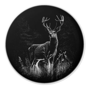 Deer with antlers framed by field and tree     ceramic knob