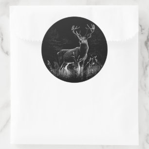 Deer with antlers framed by field and tree   classic round sticker