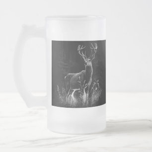 Deer with antlers framed by field and tree frosted glass beer mug