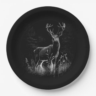 Deer with antlers framed by field and tree paper plate
