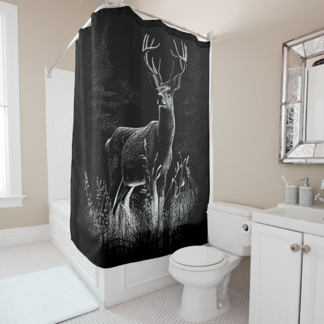 Deer with antlers framed by field and tree      shower curtain (In Situ)