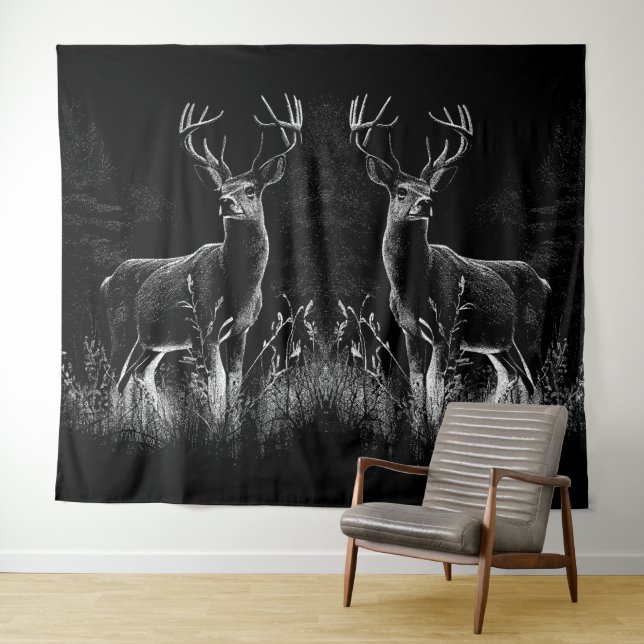 Deer with antlers framed by field and tree      tapestry (In Situ (Horizontal))