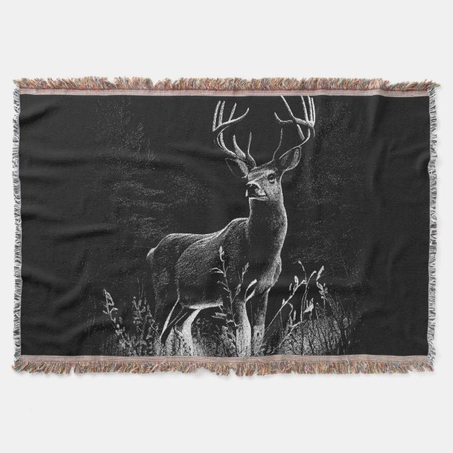 Deer with antlers framed by field and tree    throw blanket (Front)