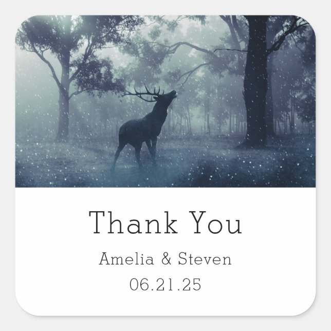 Deer with Antlers in a Forest - Wedding Thank You Square Sticker (Front)