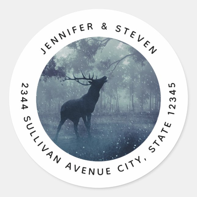 Deer with Antlers in a Shadowy Forest - Address Classic Round Sticker (Front)