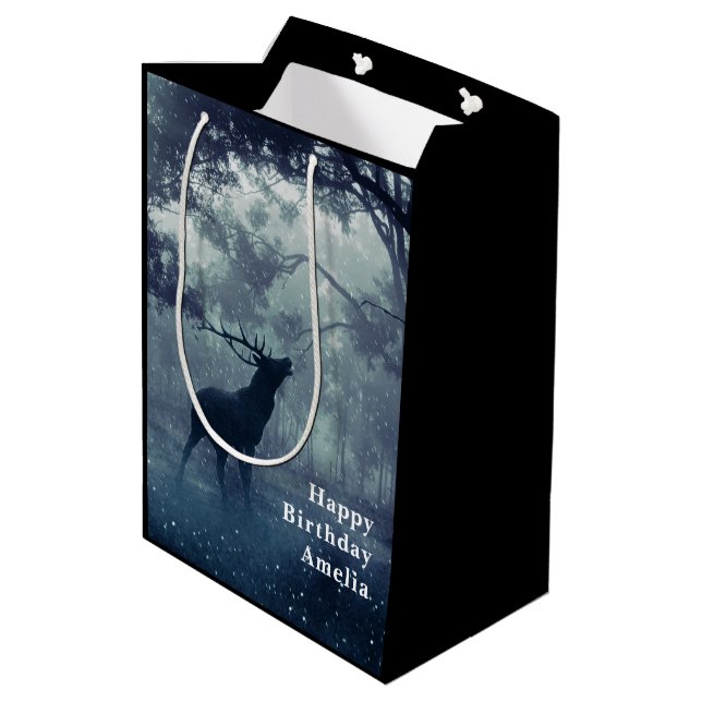 Deer with Antlers in a Shadowy Forest - Birthday Medium Gift Bag (Back Angled)