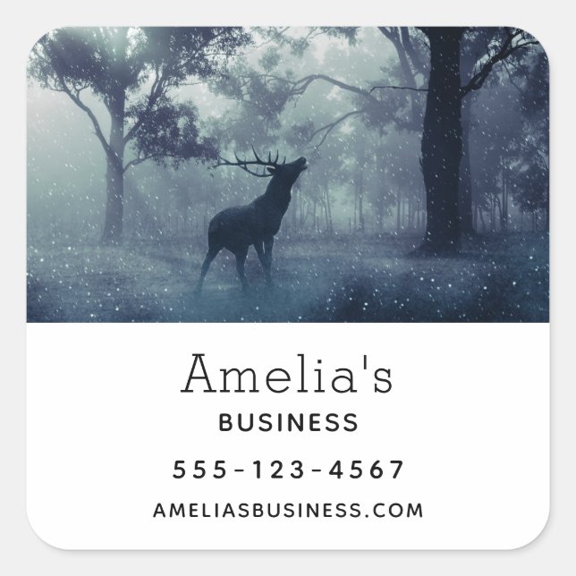 Deer with Antlers in a Shadowy Forest - Business Square Sticker (Front)