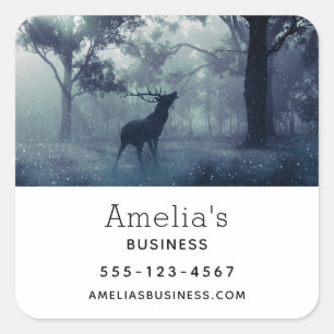 Deer with Antlers in a Shadowy Forest - Business Square Sticker