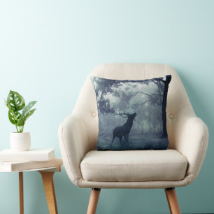 Deer with Antlers in a Shadowy Forest Cushion