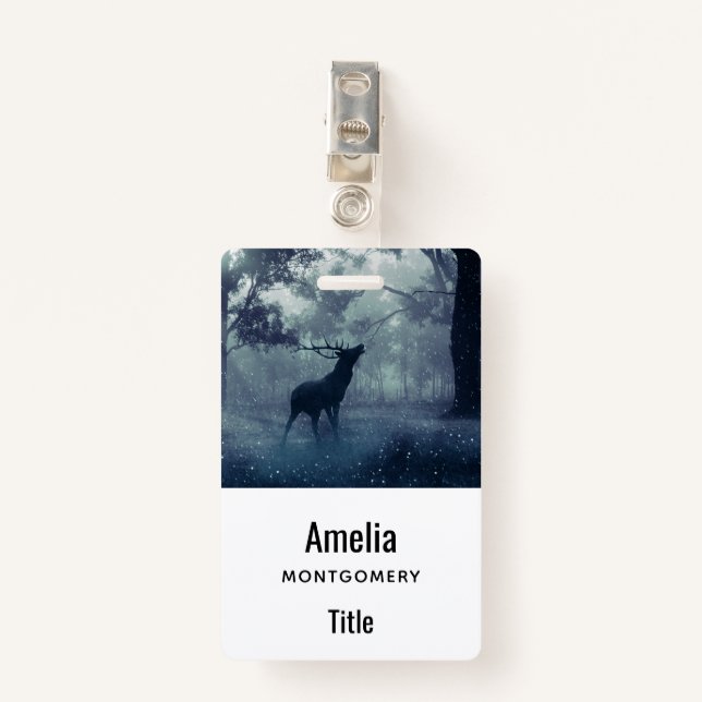 Deer with Antlers in a Shadowy Forest ID Badge (Front with Clip)
