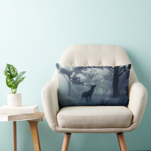 Deer with Antlers in a Shadowy Forest Lumbar Cushion