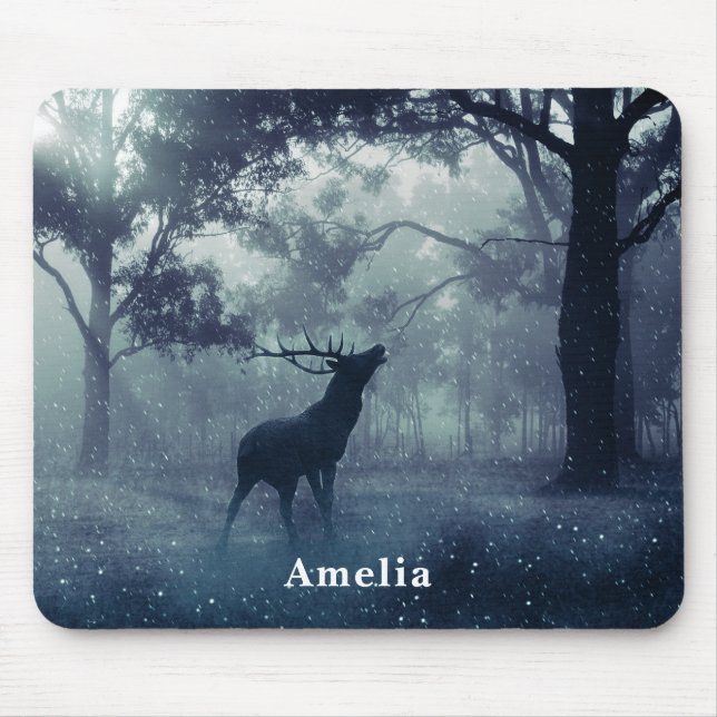 Deer with Antlers in a Shadowy Forest Mouse Mat (Front)