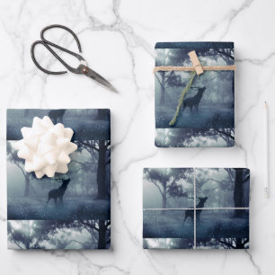 Deer with Antlers in a Shadowy Forest Pattern Wrapping Paper Sheet