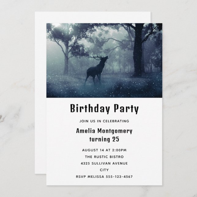 Deer with Antlers in Shadowy Forest Birthday Invitation (Front/Back)