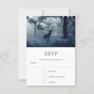 Deer with Antlers in Shadowy Forest Wedding RSVP Card