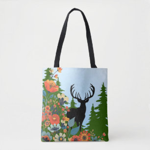 Deer with Big Rack Out of Forest Blue Sky Tote Bag