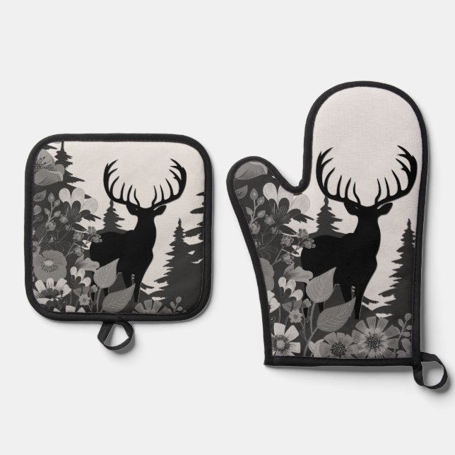 Deer with Big Rack Out of Forest  Oven Mitt & Pot Holder Set (Front)
