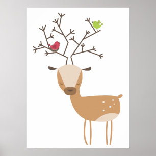Deer with Birds Poster