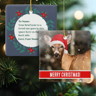 Deer with Christmas Hat in the Snow Whimsical Ceramic Ornament