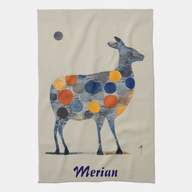Deer With Coloured Circles Tea Towel (Vertical)