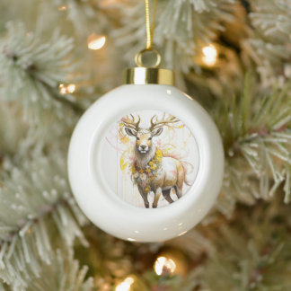 Deer with floral neckless Fantasy style in pink Ceramic Ball Christmas Ornament