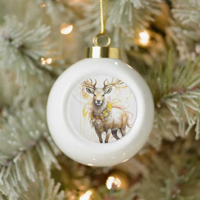 Deer with floral neckless Fantasy style in pink  Ceramic Ball Christmas Ornament (Tree)