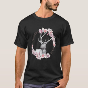 Deer with Flowers Forest Animal Deer Cow Antlers H T-Shirt