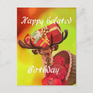 Deer with gifts in belated birthday. postcard