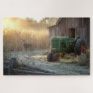 Deer with Green Vintage Tractor an dBarn Jigsaw Puzzle