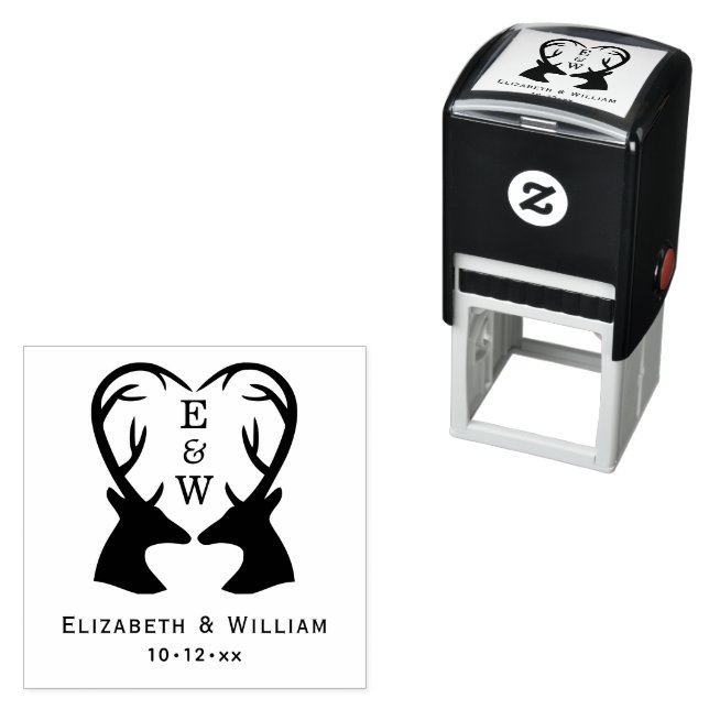 Deer with Heart Antlers Wedding Initials Monogram  Self-inking Stamp (In Situ)
