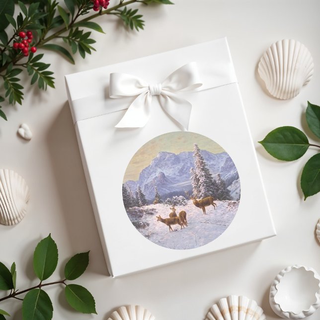 Deer with herd in winter,  classic round sticker (Creator Uploaded)