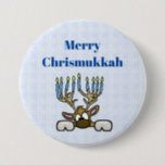 Deer with Menorah Antlers Chrismukkah Button<br><div class="desc">Here's a fun button to wear during the holiday season at work, at home or at a family gathering. It features my reindeer with antlers like a Menorah. Underneath it reads "Merry Chrismukkah." You can change or remove that text if you want this button for a different purpose. I'm selling...</div>