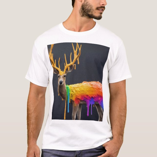 "Deer with Rainbow Drip Design: Bold and Artistic  T-Shirt (Front)