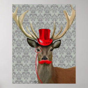 Deer With Red Hat and Moustache Poster