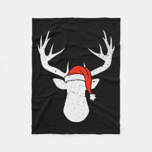 Deer With Santa Hat Christmas Pajama Hunting Gift  Fleece Blanket