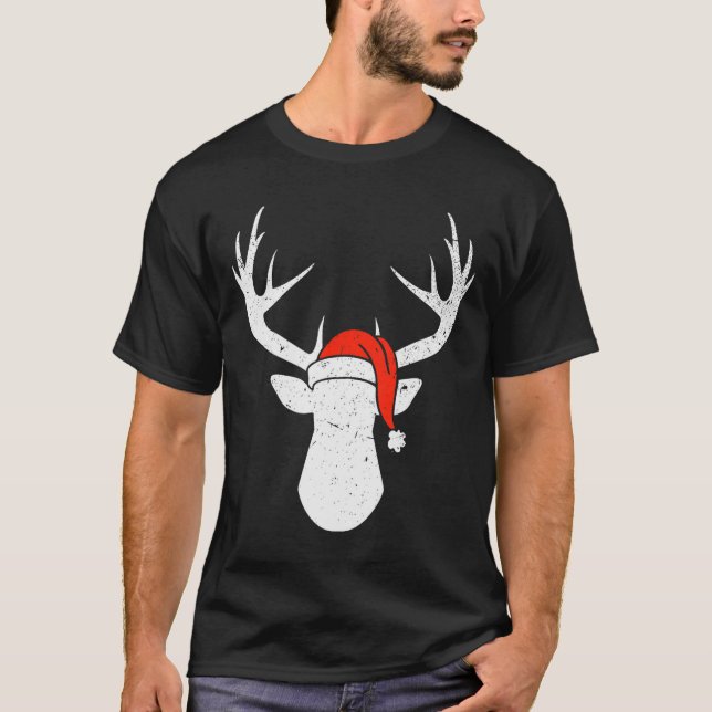 Deer With Santa Hat Christmas Pajama Hunting Gift  T-Shirt (Front)