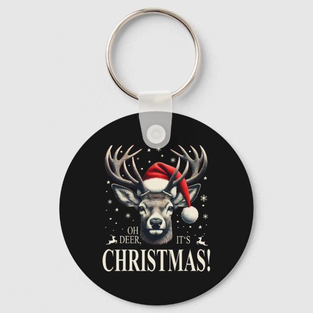 Deer With Santa Hat Oh Deer It's Christmas  Key Ring (Front)