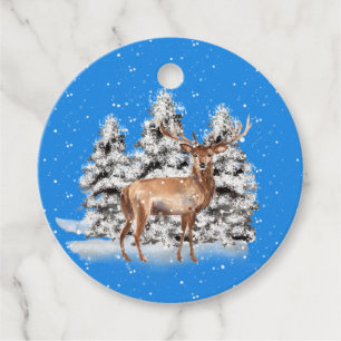 Deer with Snow-Covered Trees and Snowfall Favour Tags