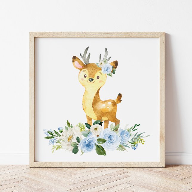 Deer, Woodland Animals, Boho, Blue Flowers Poster (Creator Uploaded)