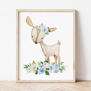 Deer, Woodland Animals, Boho, Blue Flowers Poster