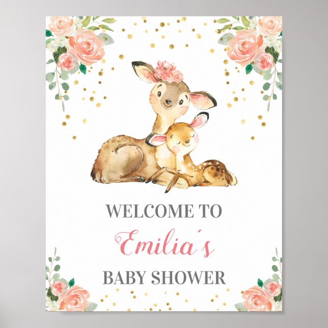 Deer Woodland Baby Girl Shower Sprinkle Welcome Poster (Front)
